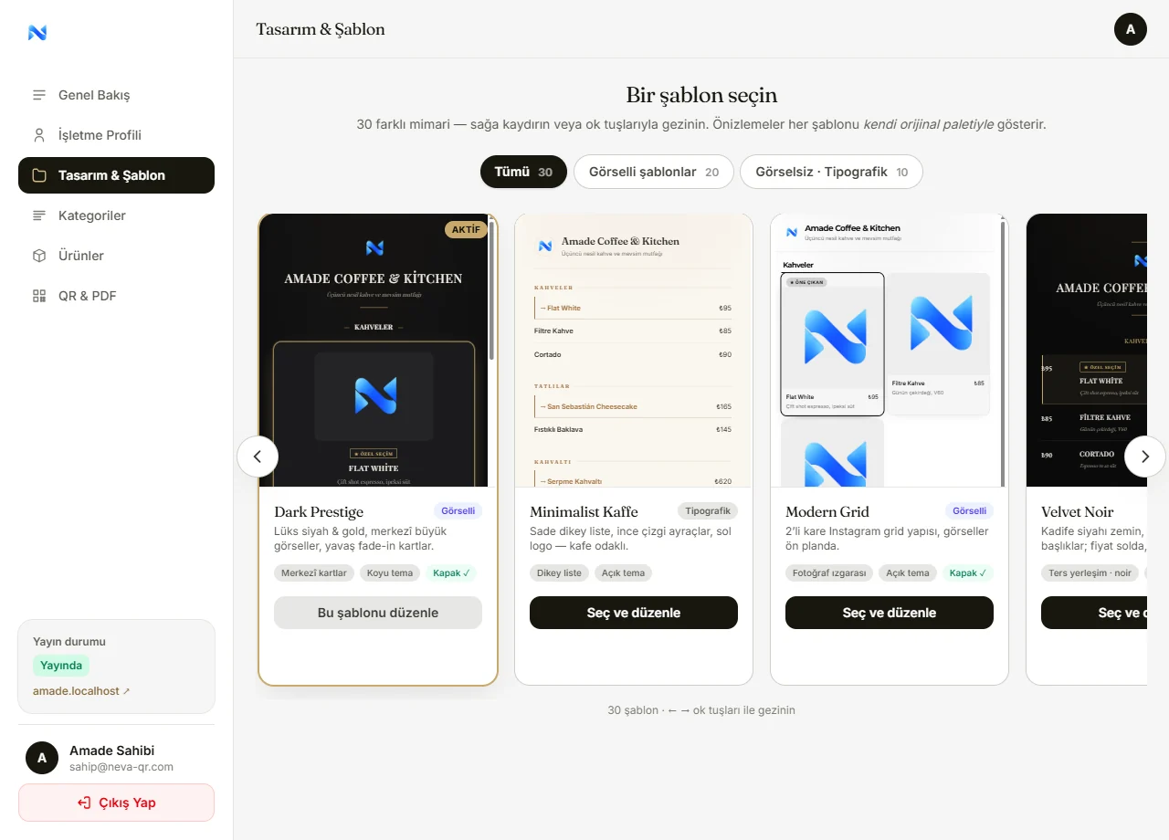 NEVA QR yönetim paneli — şablon galerisi ve canlı telefon önizlemesi